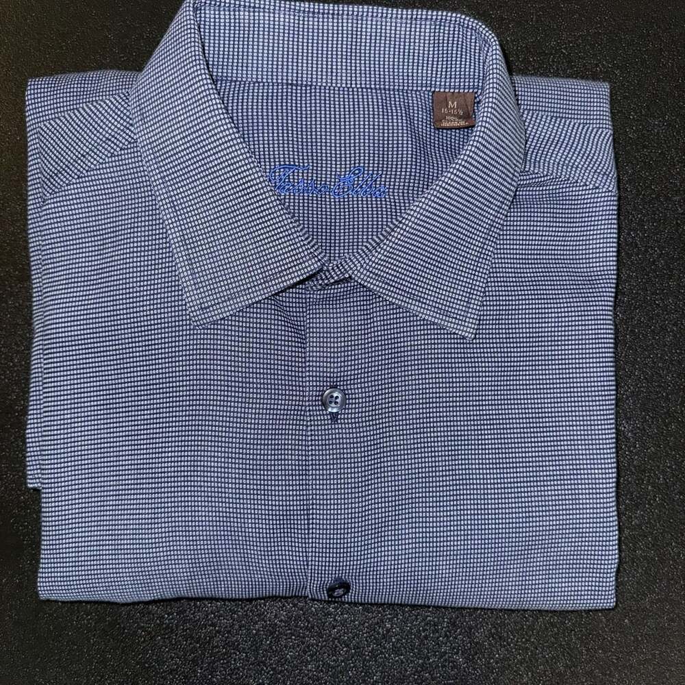 100% Cotton Tasso Elba Dress Shirt Size M 15-15.5 Blue Microcheck